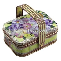 Metal rectangle cookie tin box with handle