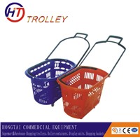 supermarket  plastic rolling basket on wheels with draw bar factory direct sale