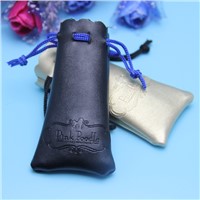 superior quality black color leather drawstring pouch with embossed logo