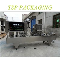 Automatic small 4 heads plastic cup filling and sealing machine for water, yogurt, soybean milk