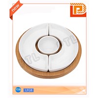 circular ceramic food holder with wooden stand
