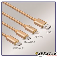 2016 most popular 3 in 1 micro USB Cable with micro USB, 8 Pin, Type C Connectors