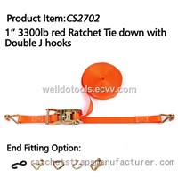 CS2702 1&amp;quot; 3300lbs red Ratchet Tie down with Double J hooks