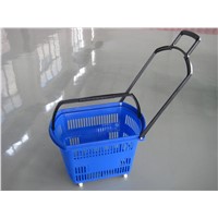 Supermarket Plastic Rolling Shopping Basket on  Two Wheels