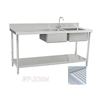 Stainless Steel Double Sink with Right Grooved Board &amp;amp; under Shelf