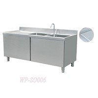 Stainless Steel Double Sinks Cabinets with Left Grooved Board
