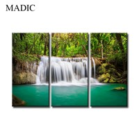 3 Piece Canvas Wall Art Green Forest Waterfall Natural Scenery Canvas Prints Oil Painting Framed