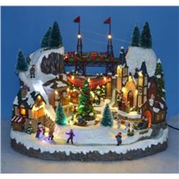 15" Warm White Light Village Scene with Two Movements, Rotating Carriage, Top with Moving Train 8 Christmas Songs