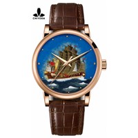 CHIYODA Men's Luxury Gold Watch Enamel Painting Automatic Watch with Swiss Movement Leather Strap - Enamel 04