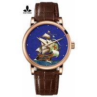 CHIYODA Women's Luxury Gold Watch Enamel Painting Automatic Watch with Swiss Movement Leather Strap - Enamel 03