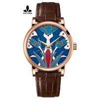 CHIYODA Women's Luxury Gold Watch Enamel Painting Automatic Watch with Swiss Movement Leather Strap - Enamel 06