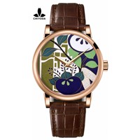CHIYODA Women's Luxury Gold Watch Enamel Painting Automatic Watch with Swiss Movement Leather Strap - Enamel 07