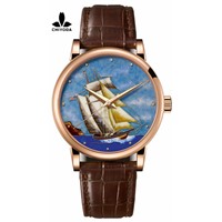 CHIYODA Women's Luxury Gold Watch Enamel Painting Automatic Watch with Swiss Movement Leather Strap - Enamel 01
