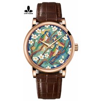 CHIYODA Women's Luxury Gold Watch Enamel Painting Automatic Watch with Swiss Movement Leather Strap - Enamel 05