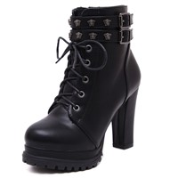 Women's Shoes Lace up Platform Buckled Rough Heel Ankle Boots
