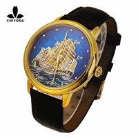 CHIYODA Women's Luxury Gold Watch Enamel Painting Automatic Watch with Swiss Movement Leather Strap - Enamel 13
