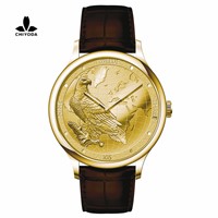 CHIYODA Luxury Golden Plated Wrist Watch with Carving Process of Map &amp;amp; Eagle Pattern, Quartz Movement (Unisex)