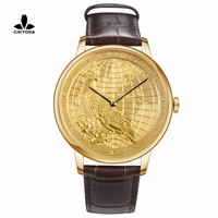 CHIYODA Luxury Golden Plated Wrist Watch with Carving Process of Map &amp;amp; Eagle Pattern, Quartz Movement