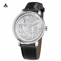 CHIYODA Luxury Platinum Watch with Carving of Map &amp;amp; Eagle Pattern, Swiss Quartz Movement, Real Cowhide Strap-Unisex