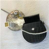 Black Crocodile Imitation Pearl Bag Chain Oblique Saddle Shape Comfortable PU Leather Bag