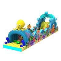 Cute Animal Ocean Theme Inflatable Obstacle Course Playground with Slide for Kids