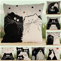 White &amp;amp; Black Cat Cotton Cute Pillow Case Sofa Waist Throw Cushion Cover Home Car Decor