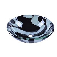 Double Temper Round Glass Vessel Basin with Black &amp;amp; White Flower Pattern Design