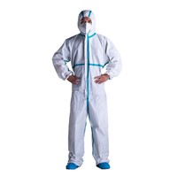 Disposable Coveralls with Hood Protective Suit Microporous Elastic Wrist Anti-Dust Ventilation Clothing White &amp;amp; Blue