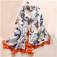 Factory Hot Selling Factory Hot Selling Satin Hijab Scarf for Woman Fashion Butterfly Floral Print Ladies Silk Scarf