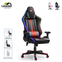 NEW Design LED Light RGB Reclining PC Computer Gamer Player Chaise Black &amp;amp; Blue PU Leather Home Gaming Chair Custom Lo