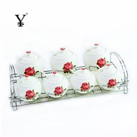 7pc Storage Pots White Porcelain Rose Decoration Canister Set with Holder Ceramic Tea Coffee Sugar Pots