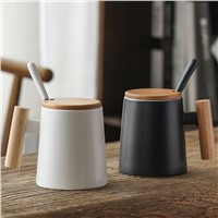 Couples Wooden Handle Handle Ceramic Cup Scoop with Lid Gift Box Tote Bag