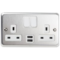 MK Electric Silver 2 Gang Plug Socket, 2 x 2P + E Poles, 2A, Type G - British, USB