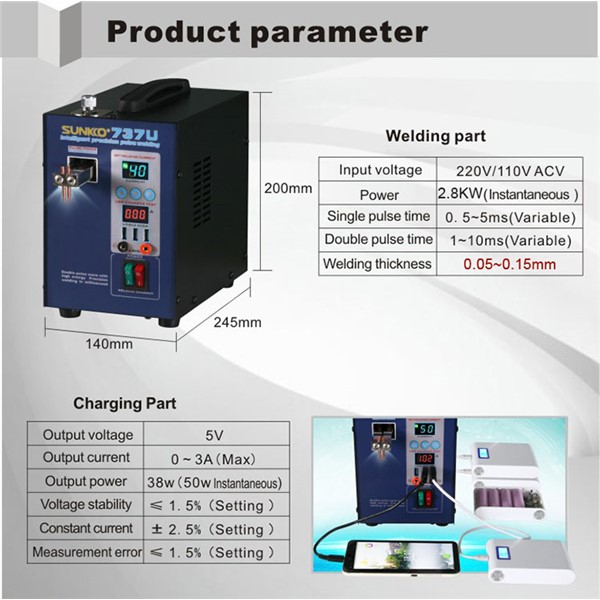 SUNKKO 737U Double Digital Display + Single-mode Spot Welding Battery Pack Dedicated Spot Welding Machine