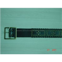 Wide Fashion Belt with Interwoven Edges and Bronze Stud Decoration