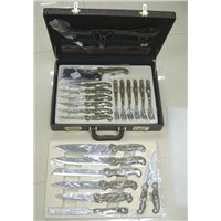 25 Pieces Knife Set with Croco-Marble Looks Handle &amp; Croco-Looks Leather Suitcase