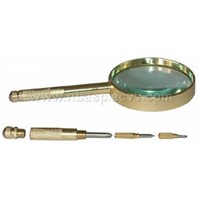 magnifier, brass frame, with screwdrivers