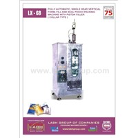 FULLY AUTOMATIC, SINGLE HEAD VERTICAL FORM, FILL AND SEAL POUCH PACKING MACHINE WITH PISTON FILLER.