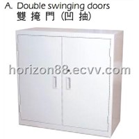 Steel low storage cabinet with double swinging doors