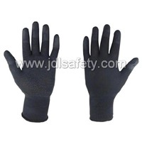 13 gauge black  ployester gloves with black PU coated on finger tips,blabk mini dots on palm