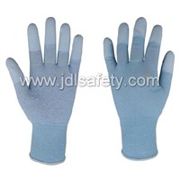 13 gauge liget blue  ployester gloves with white PU coated on finger tips,white mini dots on palm