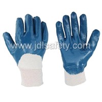 Blue nitrile coated gloves,half back,knitted wrist,jersey liner