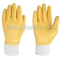 Yellow nitrile coated gloves,fully coated ,half back,knitted wrist,interlock liner