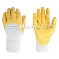 Yellow nitrile coated gloves,half back,knitted wrist,jersey liner