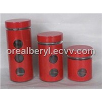 red glass jars with stainless steel coating