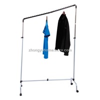gray , moveable, versatile garment rack with wheels