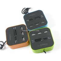 Hotsale rubberized 2 in One usb card reader and USB HUB combo with light logo, usb hub card reader