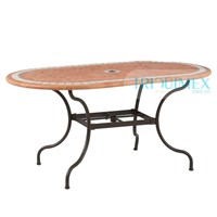 Wrought iron and terra cotta mosaic oval dining table with parasol base