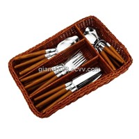 24pcs Plastic Handle Cutlery Set with Cane Basket