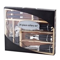 26pcs Plastic Handle Cutlery Set with Wood Box